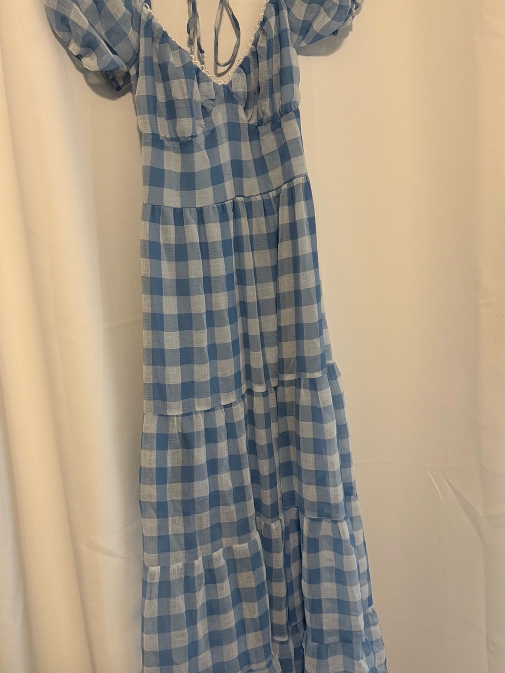 Blue Gingham Tiered Dress with Puff Sleeves